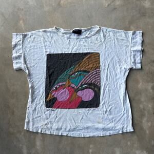 VINTAGE 90S NIGHT BIRDS ABSTRACT ART TEE SHIRT MENS LARGE BOXY THIN THRASHED